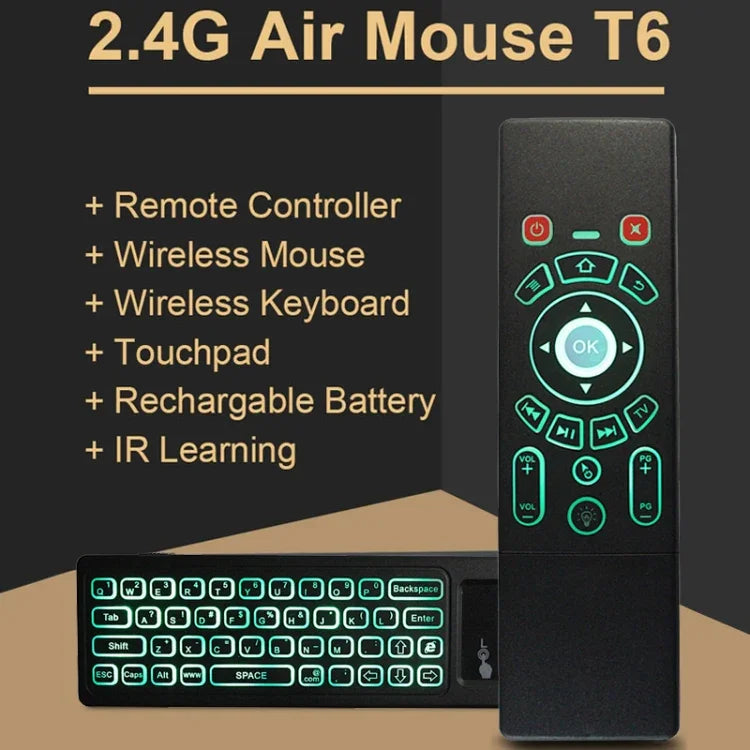 T6 فأرة هوائية بإضاءة ملونة 2.4GHz جهاز تحكم عن بعد لوحة مفاتيح لاسلكية مع لوحة لمس وتعلم الأشعة تحت الحمراء للكمبيوتر، صندوق أندرويد تي في / تلفاز ذكي، أجهزة الوسائط المتعددة، T6