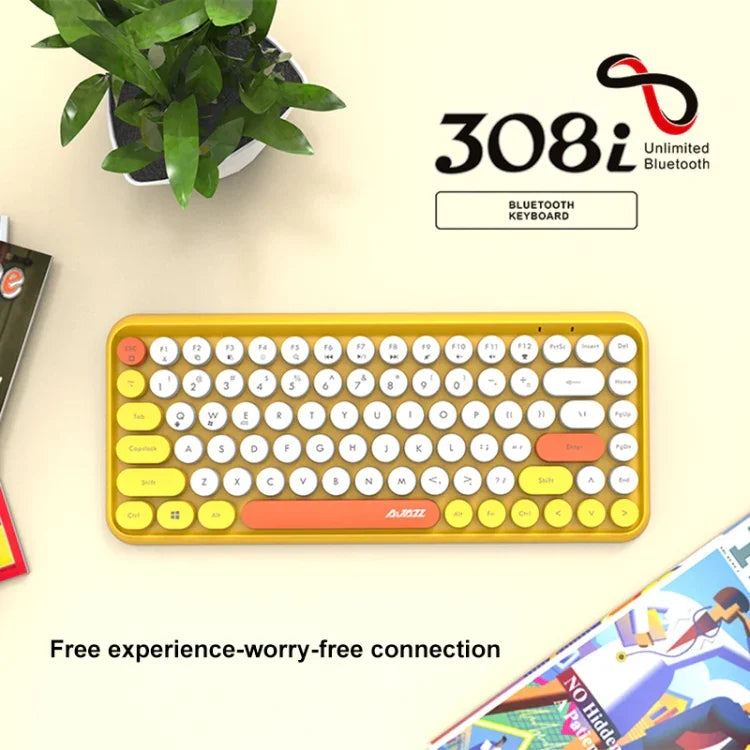 لوحة مفاتيح بلوتوث Ajazz 308I بعدد 84 مفتاحًا للأجهزة اللوحية والهواتف المحمولة وأجهزة الكمبيوتر والمكاتب المنزلية، أصفر