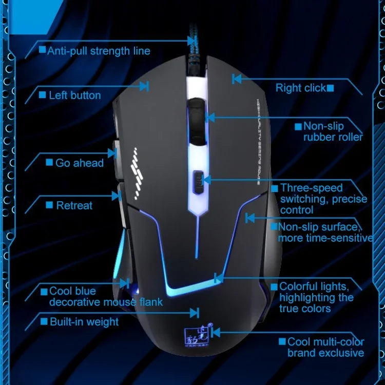 فأرة ألعاب بصرية سلكية USB من Chasing Leopard T7 بعدد 6 مفاتيح بدقة 2400 DPI وقابلة للتعديل بثلاث سرعات مع إضاءة خلفية ووزن موازن مدمج، الطول: 1.8 م، T7