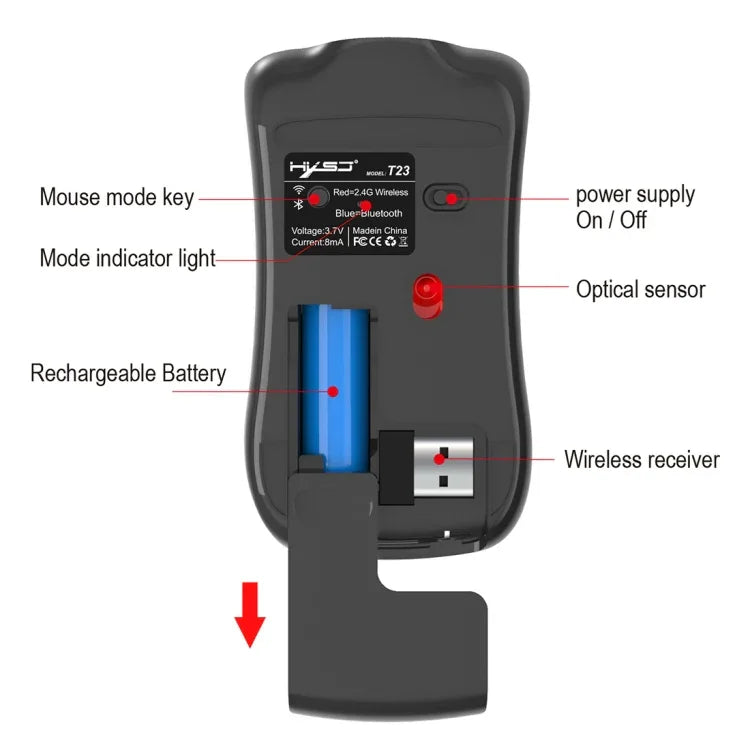 فأرة بصرية مريحة قابلة للتعديل بثلاثة أوضاع HXSJ T23 لاسلكية بتقنية Bluetooth 5.0 + Bluetooth 3.0 + 2.4GHz بعدد 4 مفاتيح ودقة 1600 DPI، T23 أسود