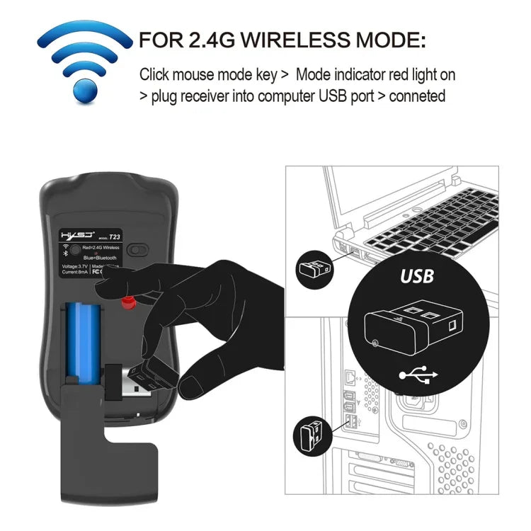 فأرة بصرية مريحة قابلة للتعديل بثلاثة أوضاع HXSJ T23 لاسلكية بتقنية Bluetooth 5.0 + Bluetooth 3.0 + 2.4GHz بعدد 4 مفاتيح ودقة 1600 DPI، T23 أسود