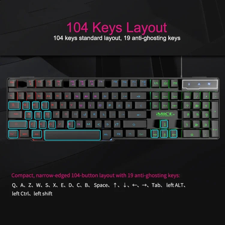 لوحة مفاتيح ألعاب سلكية iMICE AK-600 USB مع أغطية مفاتيح عائمة مضيئة، إضاءة خلفية متوهجة (أسود)