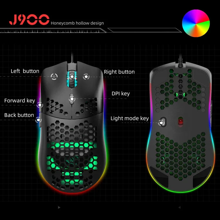 ماوس ألعاب سلكي قابل للبرمجة HXSJ J900 مع 6 أزرار وإضاءة RGB (أبيض)، J900 (أسود)، J900 (أبيض)