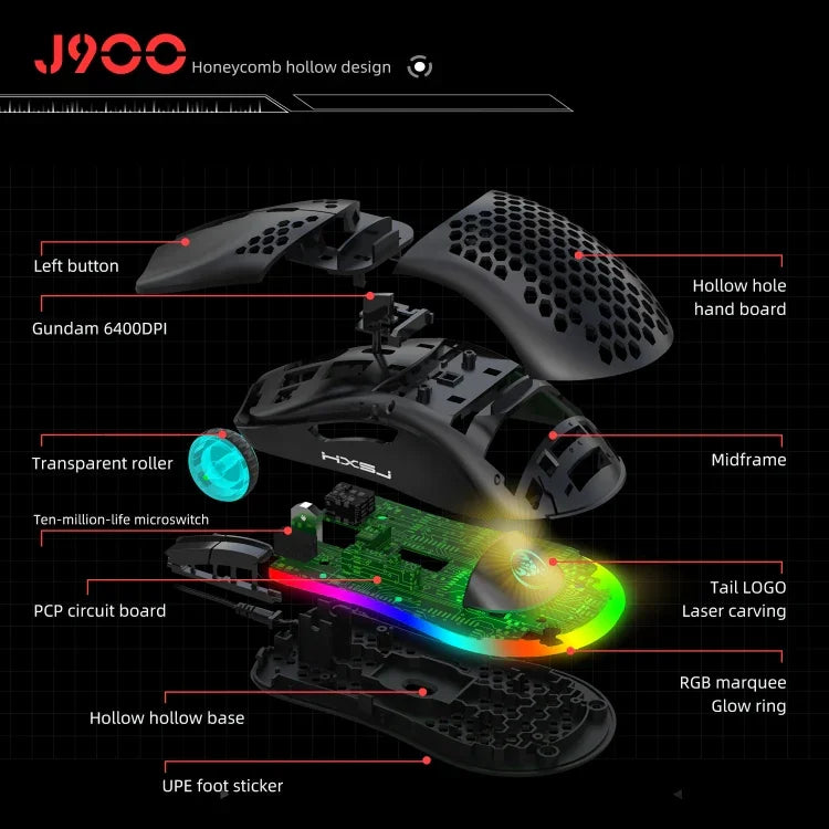 ماوس ألعاب سلكي قابل للبرمجة HXSJ J900 مع 6 أزرار وإضاءة RGB (أبيض)، J900 (أسود)، J900 (أبيض)