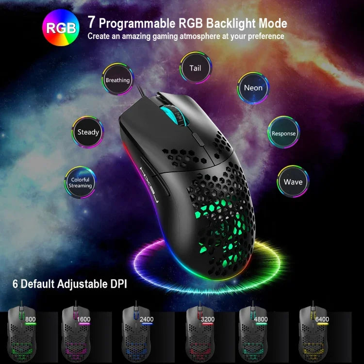 ماوس ألعاب سلكي قابل للبرمجة HXSJ J900 مع 6 أزرار وإضاءة RGB (أبيض)، J900 (أسود)، J900 (أبيض)