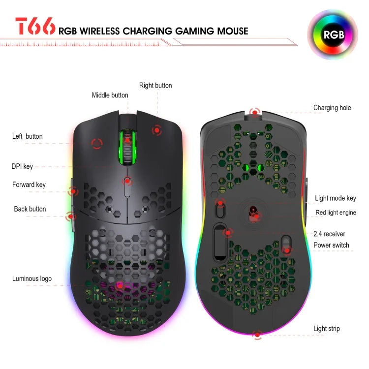 فأرة ألعاب لاسلكية قابلة للبرمجة HXSJ T66 مع 7 أزرار وإضاءة ملونة، T66 (أبيض)