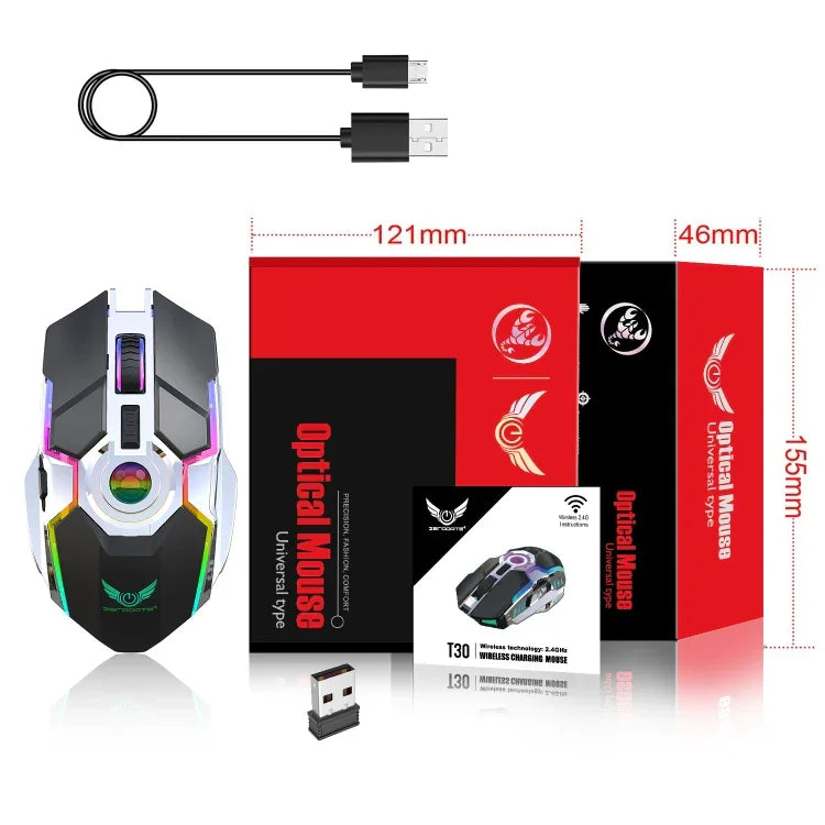 ZERODATE T30 ماوس بصري لاسلكي بإضاءة خلفية RGB قابلة للتعديل بثلاث سرعات بدقة 2400 DPI و2.4 جيجاهرتز، T30 أبيض