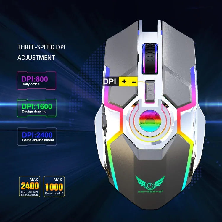 ZERODATE T30 ماوس بصري لاسلكي بإضاءة خلفية RGB قابلة للتعديل بثلاث سرعات بدقة 2400 DPI و2.4 جيجاهرتز، T30 أبيض