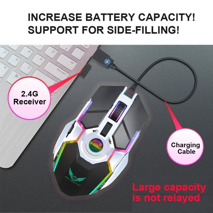 ZERODATE T30 ماوس بصري لاسلكي بإضاءة خلفية RGB قابلة للتعديل بثلاث سرعات بدقة 2400 DPI و2.4 جيجاهرتز، T30 أبيض