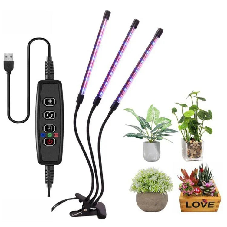 مصباح LED ثلاثي الرؤوس بقوة 30 واط مع طيف قابل للتعديل وتوقيت للإضاءة لنمو النباتات، قابس USB 5 فولت تيار مستمر، 30 واط