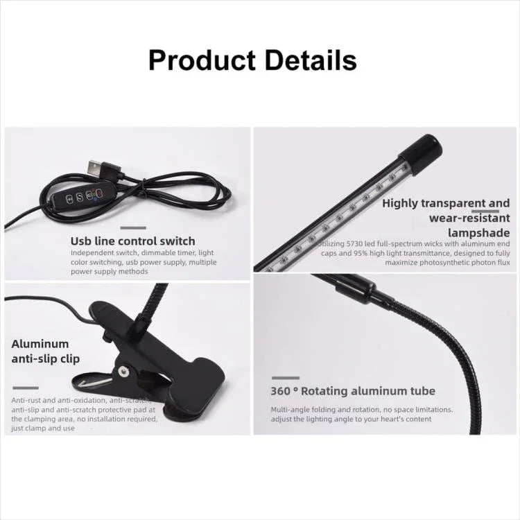 مصباح LED ثلاثي الرؤوس بقوة 30 واط مع طيف قابل للتعديل وتوقيت للإضاءة لنمو النباتات، قابس USB 5 فولت تيار مستمر، 30 واط