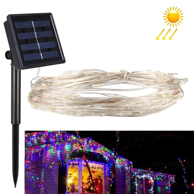 مصباح سلسلة بسلك فضي مع 200 مصباح LED SMD 0603 يعمل بالطاقة الشمسية، 20 متر، 5 فولت تيار مستمر، إضاءة ملونة، 200 مصباح LED أبيض