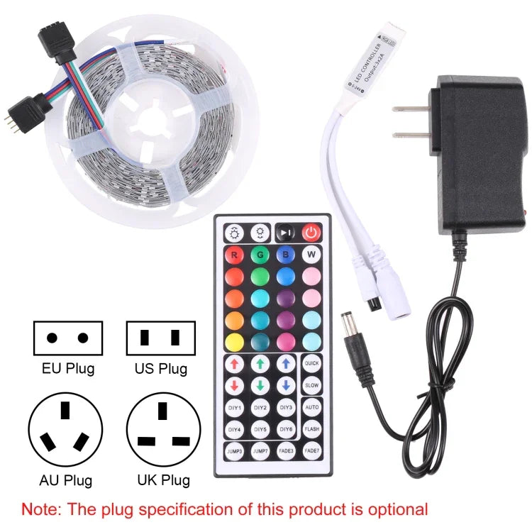 شريط إضاءة LED RGB 2835 SMD بدون غلاف، 60 مصباح LED/متر، الطول: 5 متر، 12 فولت 2 أمبير 100-240 فولت، مع جهاز تحكم عن بعد بـ 44 مفتاح