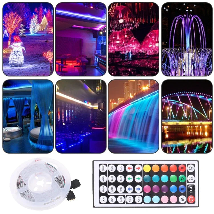 شريط إضاءة LED RGB 2835 SMD بدون غلاف، 60 مصباح LED/متر، الطول: 5 متر، 12 فولت 2 أمبير 100-240 فولت، مع جهاز تحكم عن بعد بـ 44 مفتاح
