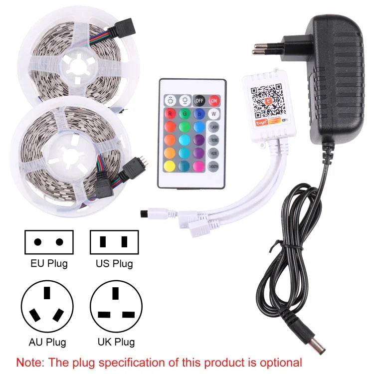 2 قطع لوحة عارية 5050 SMD RGB LED حبل إضاءة، 30 LED/م، الطول: 5م، 12 فولت 2 أمبير 100-240 فولت، مع جهاز تحكم Doodle بـ 24 مفتاح، 5050 SMD RGB LED، 5م × 2