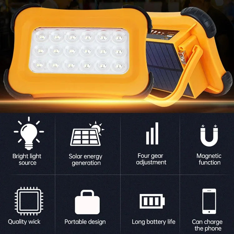 50 واط 32 مصباح LED ضوء تخييم محمول شمسي مغناطيسي ضوء طوارئ بأربع مستويات سطوع وبنك طاقة ومؤشر بطارية
