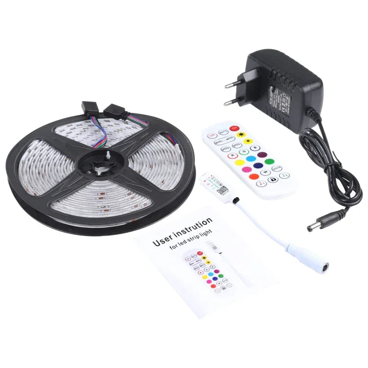 5م 150 مصباح LED SMD 5050 شريط إضاءة RGB مقاوم للماء IP65 مع بلوتوث وجهاز تحكم عن بعد بـ 24 مفتاح، قابس الاتحاد الأوروبي، 5م 150 مصباح LED IP65