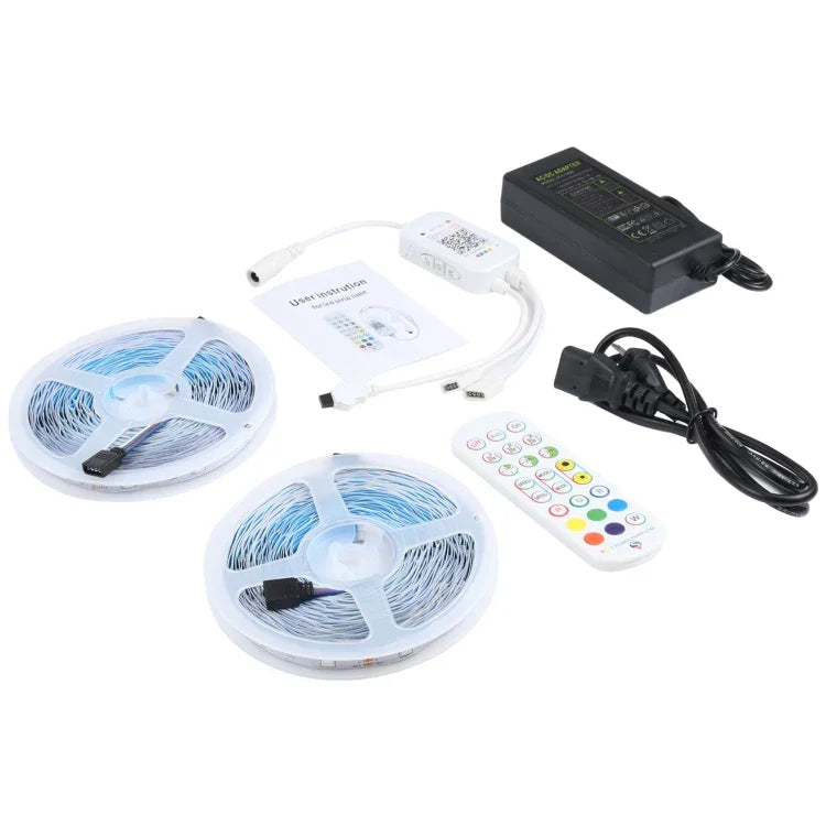 شريط إضاءة RGB مقاوم للماء IP44 بطول 20 م و600 LED SMD 5050 مع جهاز تحكم عن بعد بلوتوث + موسيقى بـ 24 مفتاح، قابس الاتحاد الأوروبي، 20 م 600 LED IP44