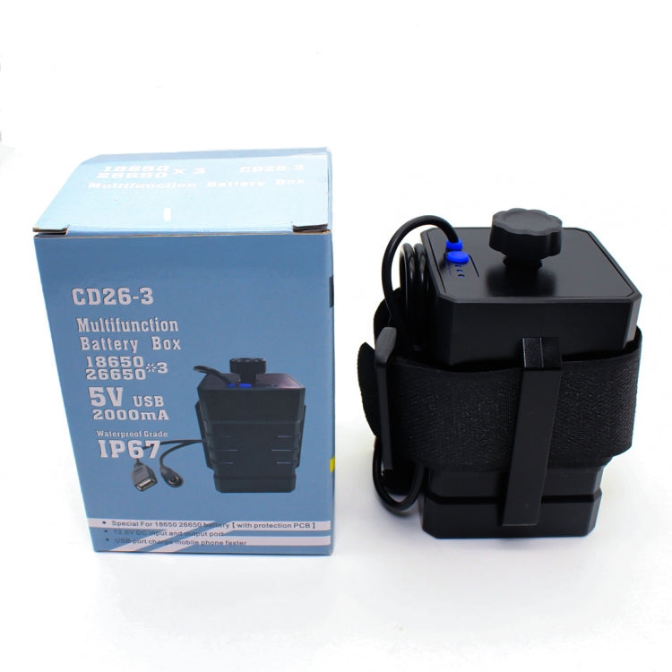 صندوق بطارية مقاوم للماء IPX7 بثلاثة أقسام 18650/26650 مع رأس دائري 12 فولت وموصل USB 5 فولت، لا يشمل البطارية، 12 فولت