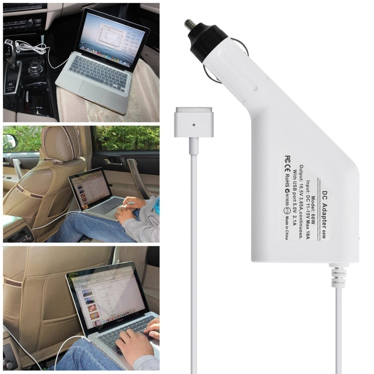 شاحن سيارة MagSafe 2 بقوة 60 واط 16.5 فولت 3.65 أمبير، 5 دبابيس على شكل T مع منفذ USB واحد لأجهزة Apple MacBook A1465 / A1502 / A1435 / MD212 / MD2123 / MD662، الطول: 1.7 متر
