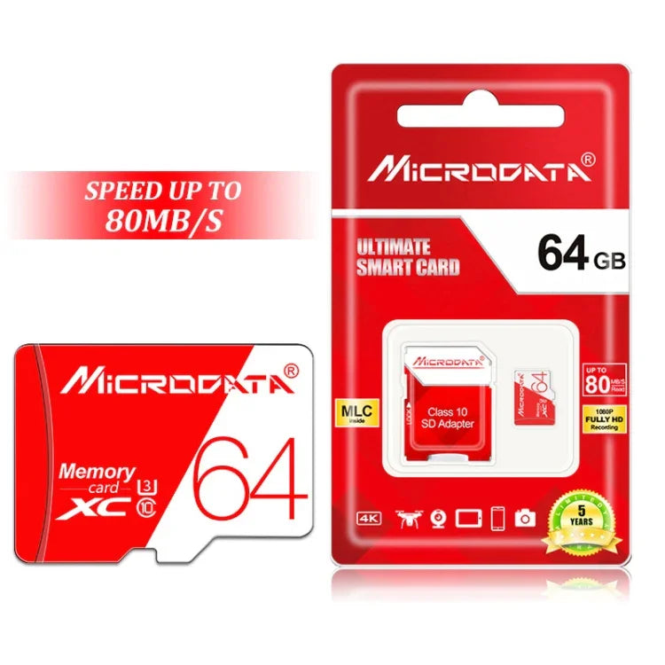 بطاقة ذاكرة TF (ميكرو إس دي) حمراء وبيضاء عالية السرعة U3 من MICRODATA بسعة 64 جيجابايت