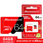 بطاقة ذاكرة TF (ميكرو إس دي) حمراء وسوداء عالية السرعة U3 من MICRODATA بسعة 64 جيجابايت