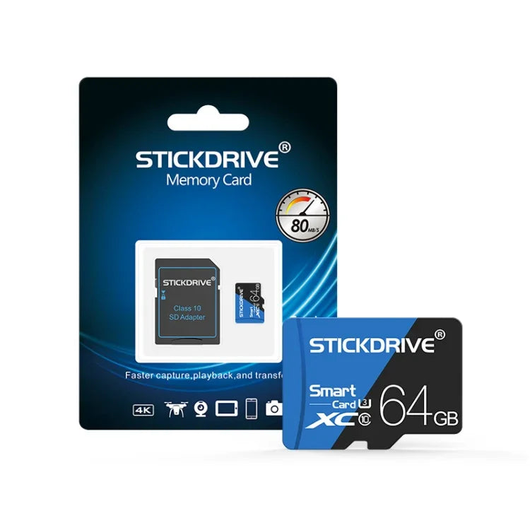 بطاقة ذاكرة TF (ميكرو إس دي) زرقاء وسوداء عالية السرعة U3 من STICKDRIVE بسعة 64 جيجابايت