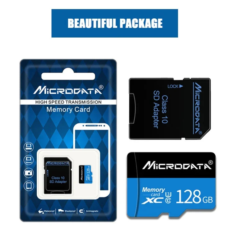 بطاقة ذاكرة MICRODATA TF (Micro SD) سعة 128 جيجابايت U3 باللونين الأزرق والأسود، 128 جيجابايت