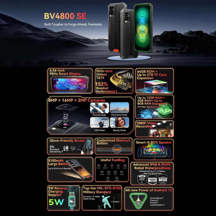 بلاكفيو BV4800 SE هاتف مقاوم، 4 جيجابايت+64 جيجابايت، 6.56 بوصة أندرويد 15 UMS9320E T615 ثماني النواة، الشبكة: 4G، OTG، NFC، BV4800 SE 4 جيجابايت+64 جيجابايت