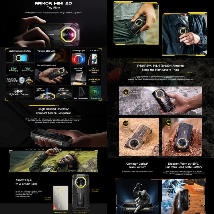 Ulefone Armor Mini 20، رؤية ليلية، 8GB+256GB، هاتف متين بمعيار IP68/IP69K، شاشة 4.7 بوصة أندرويد 14 MediaTek Dimensity 6300 ثماني النواة، شبكة: 4G، NFC، OTG، Armor Mini 20