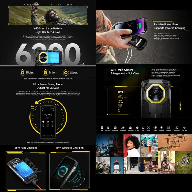 Ulefone Armor Mini 20، رؤية ليلية، 8GB+256GB، هاتف متين بمعيار IP68/IP69K، شاشة 4.7 بوصة أندرويد 14 MediaTek Dimensity 6300 ثماني النواة، شبكة: 4G، NFC، OTG، Armor Mini 20