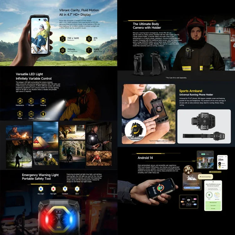 Ulefone Armor Mini 20، رؤية ليلية، 8GB+256GB، هاتف متين بمعيار IP68/IP69K، شاشة 4.7 بوصة أندرويد 14 MediaTek Dimensity 6300 ثماني النواة، شبكة: 4G، NFC، OTG، Armor Mini 20