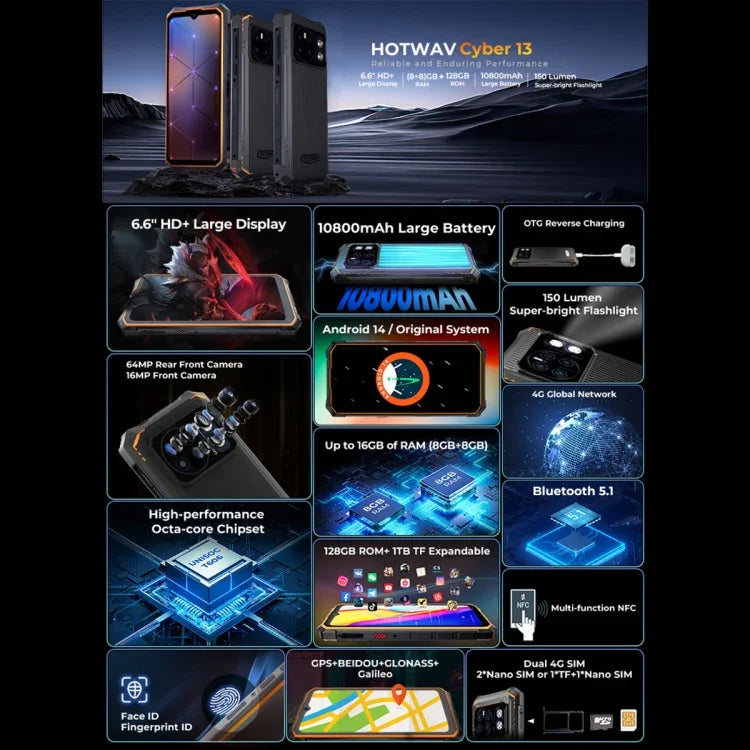 HOTWAV CYBER 13، هاتف متين بمعيار IP68/IP69K، 8GB+128GB، بطارية 10800mAh، شاشة 6.6 بوصة أندرويد 14.0 Unisoc T606 ثماني النواة، شبكة: 4G، NFC، OTG