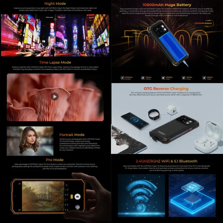HOTWAV CYBER 13، هاتف متين بمعيار IP68/IP69K، 8GB+128GB، بطارية 10800mAh، شاشة 6.6 بوصة أندرويد 14.0 Unisoc T606 ثماني النواة، شبكة: 4G، NFC، OTG