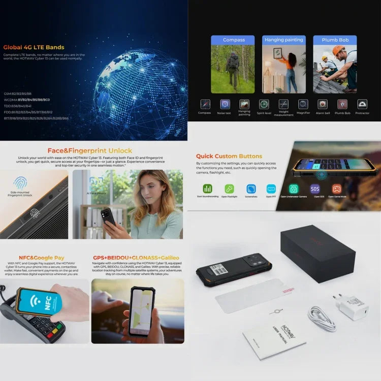 HOTWAV CYBER 13، هاتف متين بمعيار IP68/IP69K، 8GB+128GB، بطارية 10800mAh، شاشة 6.6 بوصة أندرويد 14.0 Unisoc T606 ثماني النواة، شبكة: 4G، NFC، OTG