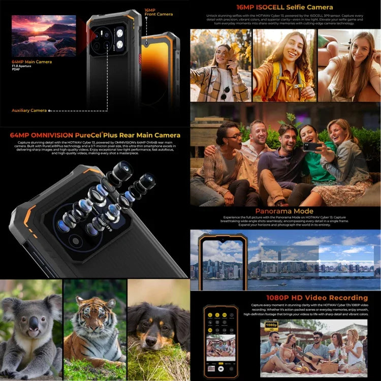 HOTWAV CYBER 13، هاتف متين بمعيار IP68/IP69K، 8GB+128GB، بطارية 10800mAh، شاشة 6.6 بوصة أندرويد 14.0 Unisoc T606 ثماني النواة، شبكة: 4G، NFC، OTG