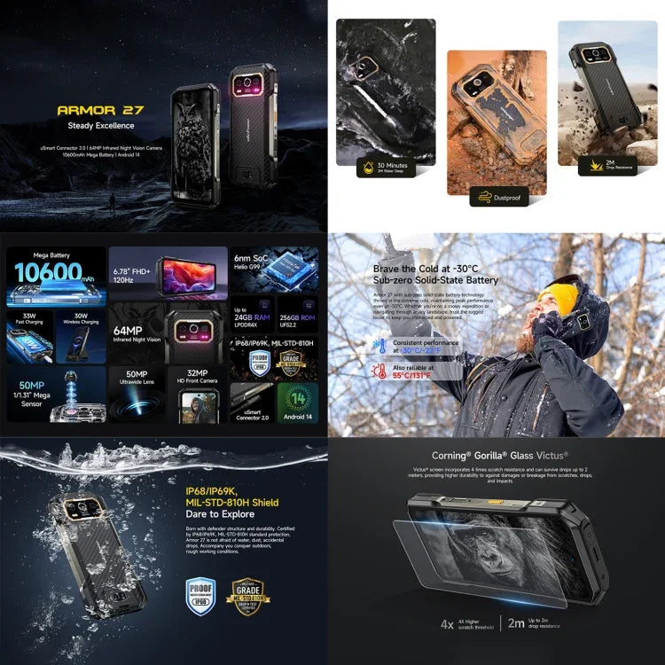 هاتف Ulefone Armor 27 المتين، 12GB+256GB، رؤية ليلية، بطارية 10600mAh، شاشة 6.78 بوصة أندرويد 14 MediaTek Helio G99 ثماني النواة، شبكة: 4G، NFC، OTG، Armor 27