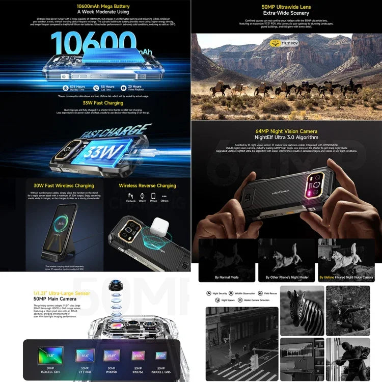 هاتف Ulefone Armor 27 المتين، 12GB+256GB، رؤية ليلية، بطارية 10600mAh، شاشة 6.78 بوصة أندرويد 14 MediaTek Helio G99 ثماني النواة، شبكة: 4G، NFC، OTG، Armor 27
