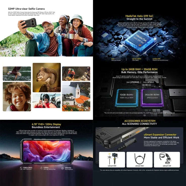 هاتف Ulefone Armor 27 المتين، 12GB+256GB، رؤية ليلية، بطارية 10600mAh، شاشة 6.78 بوصة أندرويد 14 MediaTek Helio G99 ثماني النواة، شبكة: 4G، NFC، OTG، Armor 27