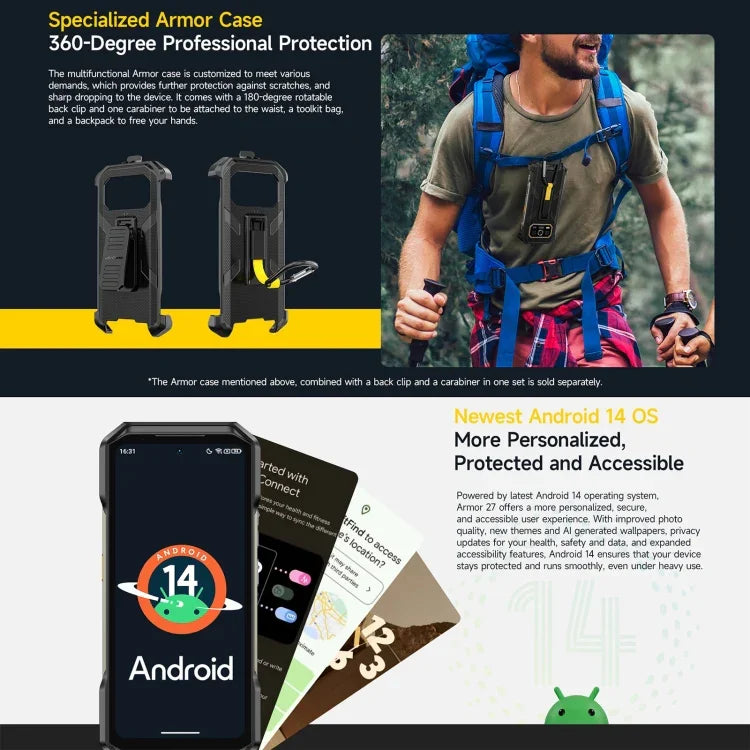 هاتف Ulefone Armor 27 المتين، 12GB+256GB، رؤية ليلية، بطارية 10600mAh، شاشة 6.78 بوصة أندرويد 14 MediaTek Helio G99 ثماني النواة، شبكة: 4G، NFC، OTG، Armor 27