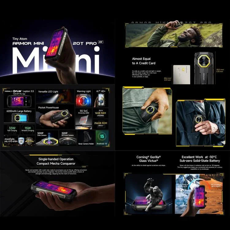 Ulefone Armor Mini 20T Pro، تصوير حراري، 8GB+256GB، هاتف متين بمعيار IP68/IP69K، شاشة 4.7 بوصة أندرويد 14 MediaTek Dimensity 6300 5G ثماني النواة، شبكة: 5G، NFC، OTG، Armor Mini 20T Pro