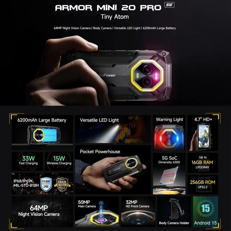 Ulefone Armor Mini 20 Pro، 8GB+256GB، هاتف متين بمعيار IP68/IP69K، شاشة 4.7 بوصة أندرويد 14 MediaTek Dimensity 6300 5G ثماني النواة، شبكة: 5G، NFC، OTG، Armor Mini 20 Pro