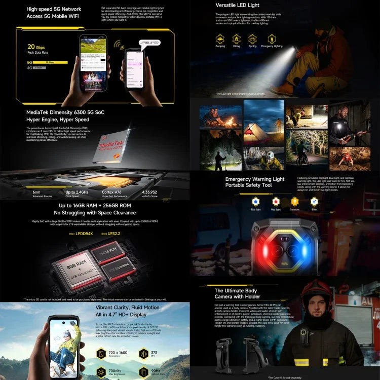 Ulefone Armor Mini 20 Pro، 8GB+256GB، هاتف متين بمعيار IP68/IP69K، شاشة 4.7 بوصة أندرويد 14 MediaTek Dimensity 6300 5G ثماني النواة، شبكة: 5G، NFC، OTG، Armor Mini 20 Pro