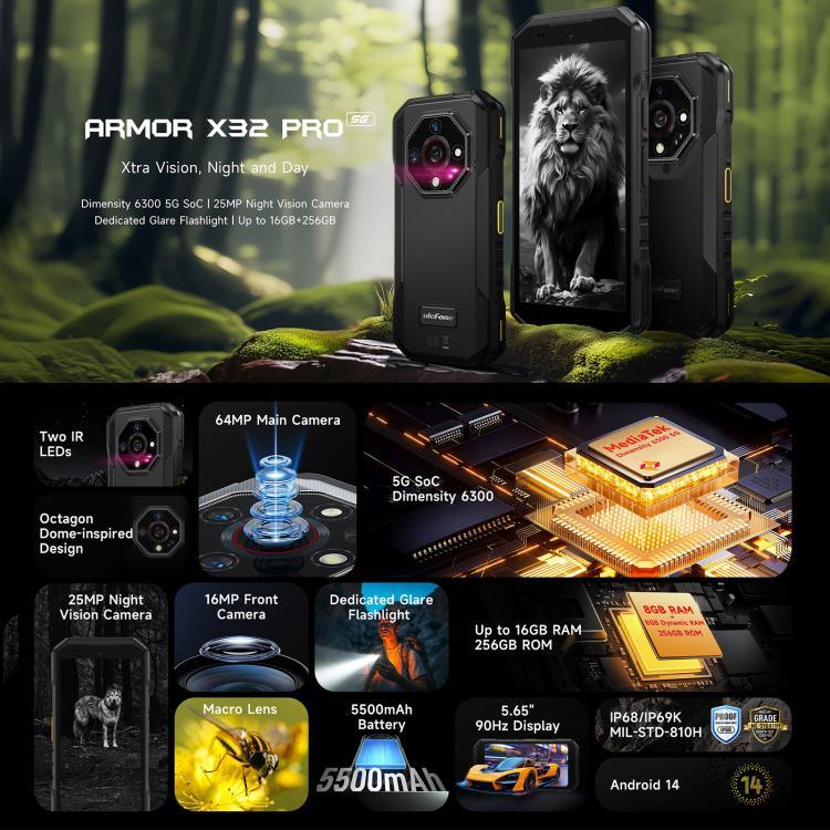 يولفون آرمور X32 برو 5G، 8 جيجابايت+256 جيجابايت، رؤية ليلية، هاتف مقاوم IP68/IP69K، 5.65 بوصة أندرويد 14 ميدياتك ديمينسيتي 6300 ثماني النواة، الشبكة: 5G، NFC، OTG، آرمور X32 برو 5G