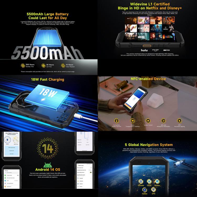 يولفون آرمور X32 برو 5G، 8 جيجابايت+256 جيجابايت، رؤية ليلية، هاتف مقاوم IP68/IP69K، 5.65 بوصة أندرويد 14 ميدياتك ديمينسيتي 6300 ثماني النواة، الشبكة: 5G، NFC، OTG، آرمور X32 برو 5G