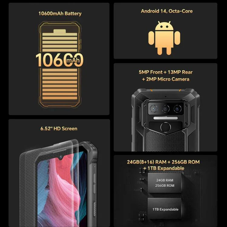 أوكيتل WP23 بلس هاتف مقاوم، 8 جيجابايت+256 جيجابايت، 6.52 بوصة أندرويد 14.0 يونسوك T606 ثماني النواة، NFC، OTG، الشبكة: 4G، WP23 بلس 8 جيجابايت+256 جيجابايت