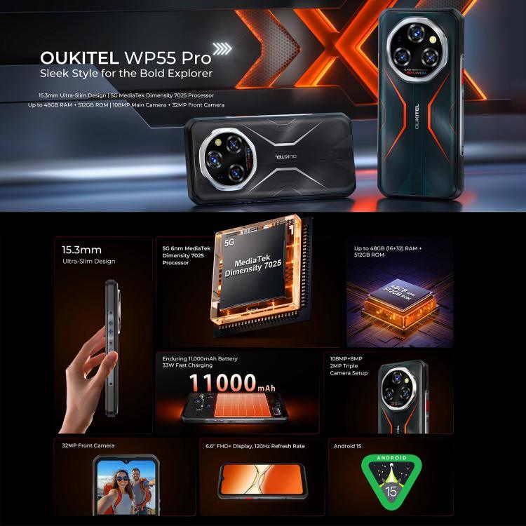 هاتف Oukitel WP55 Pro 5G المتين، 16 جيجابايت + 512 جيجابايت، كاميرا 108 ميجابكسل، بصمة، شاشة 6.6 بوصة أندرويد 15 MediaTek Dimensity 7025 ثماني النواة، NFC، OTG، شبكة: 5G، WP55 Pro