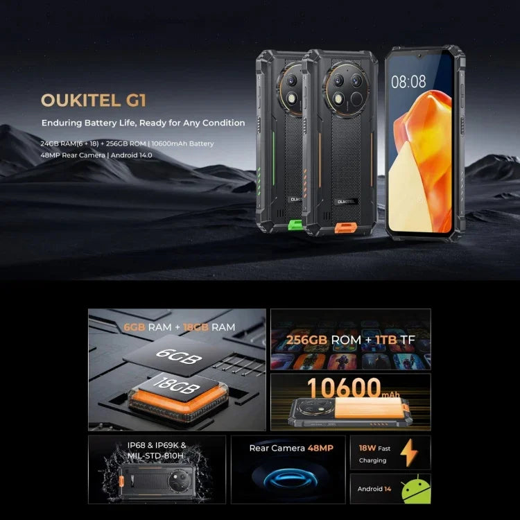 هاتف Oukitel G1 المتين، 6GB+256GB، التعرف على بصمة الإصبع، شاشة 6.52 بوصة أندرويد 14 T606 ثماني النواة، NFC، OTG، شبكة: 4G