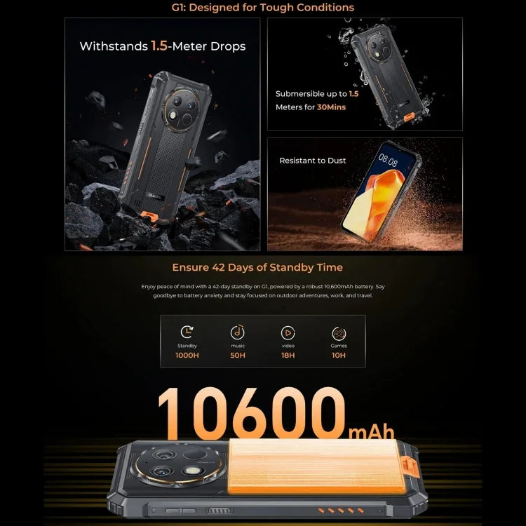 هاتف Oukitel G1 المتين، 6GB+256GB، التعرف على بصمة الإصبع، شاشة 6.52 بوصة أندرويد 14 T606 ثماني النواة، NFC، OTG، شبكة: 4G