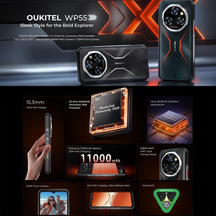 هاتف Oukitel WP55 5G المتين، 12 جيجابايت + 256 جيجابايت، كاميرا 108 ميجابكسل، بصمة، شاشة 6.6 بوصة MediaTek Dimensity 7025 ثماني النواة، NFC، OTG، شبكة: 5G، WP55